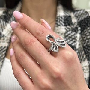 1.16Cttw White And Black Diamond Ladies Cocktail Ring 14K White Gold Size 7.5